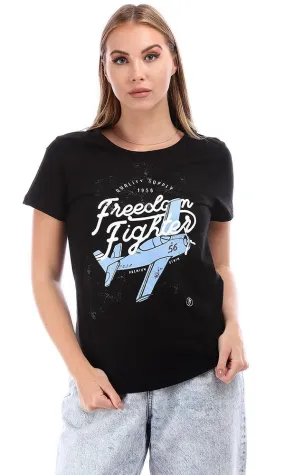 95454 Wide Crew Neck Printed Short Sleeves T-Shirt - Black