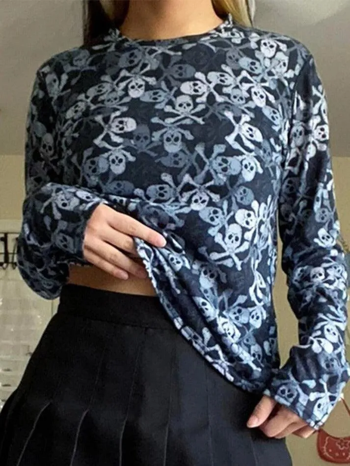All Over Skull Print Long Sleeve Tee