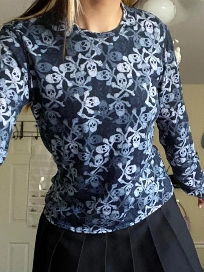 All Over Skull Print Long Sleeve Tee