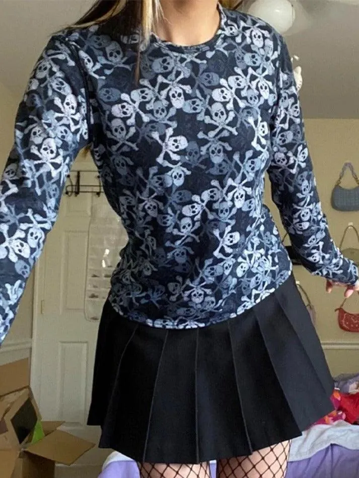 All Over Skull Print Long Sleeve Tee