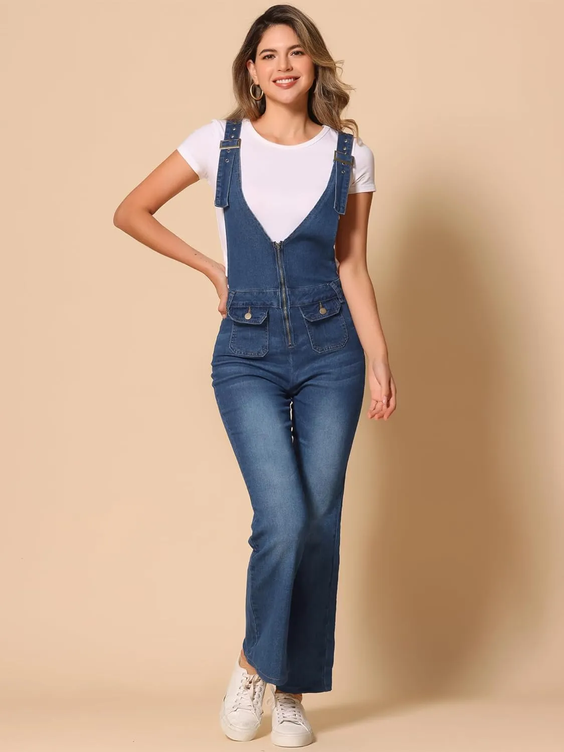 Allegra K Overalls Jeans for Women's Casual Adjustable Bib Bell Bottom Denim Pants Jumpsuits