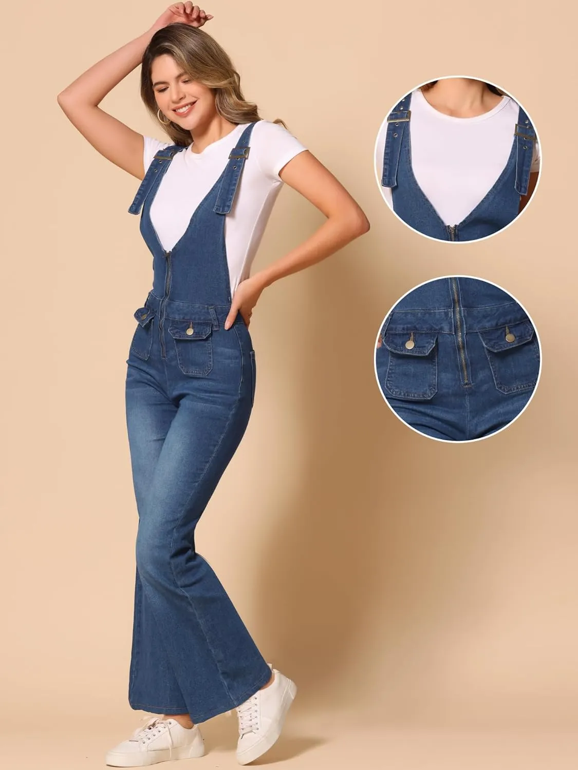 Allegra K Overalls Jeans for Women's Casual Adjustable Bib Bell Bottom Denim Pants Jumpsuits