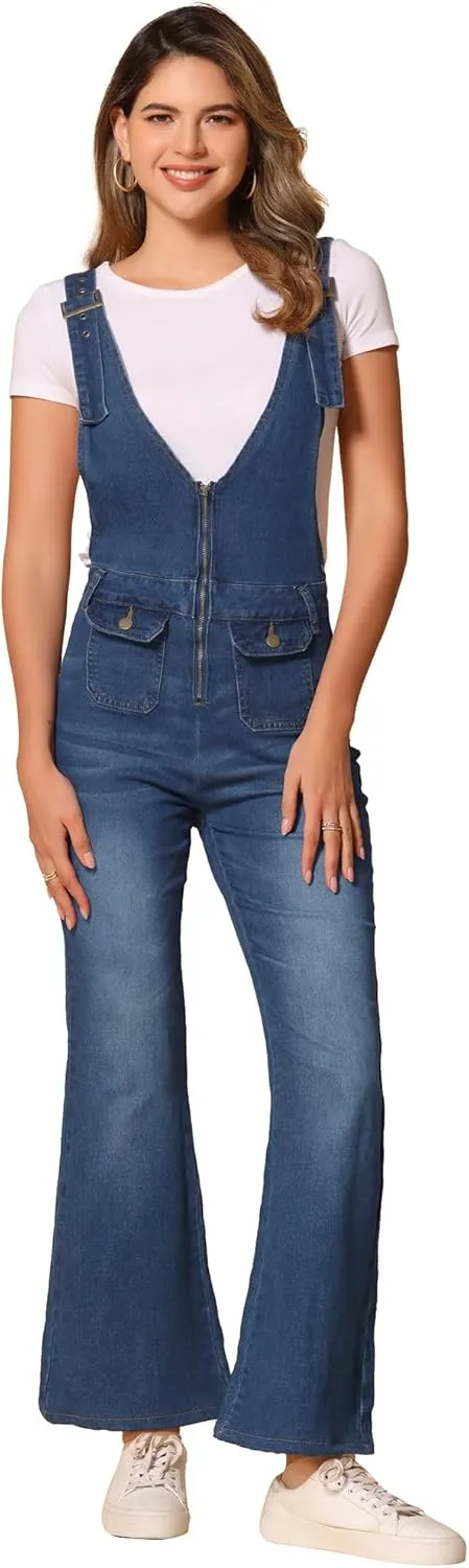 Allegra K Overalls Jeans for Women's Casual Adjustable Bib Bell Bottom Denim Pants Jumpsuits