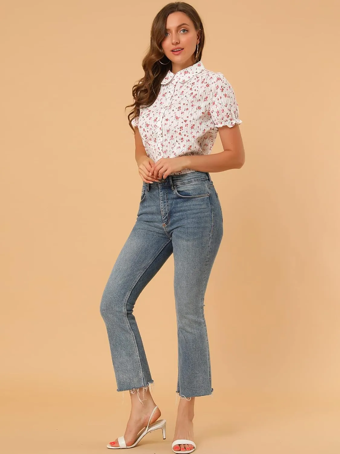 Allegra K Women's Short Sleeve Button-Up Peter Pan Collar Blouse