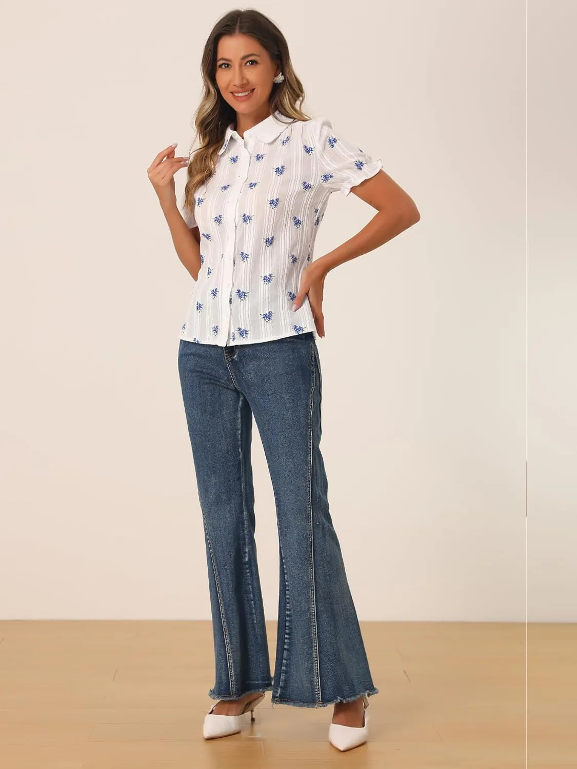 Allegra K Women's Short Sleeve Button-Up Peter Pan Collar Blouse