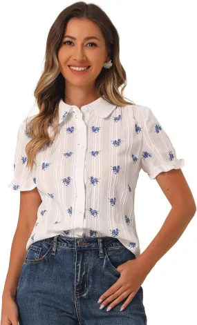 Allegra K Women's Short Sleeve Button-Up Peter Pan Collar Blouse