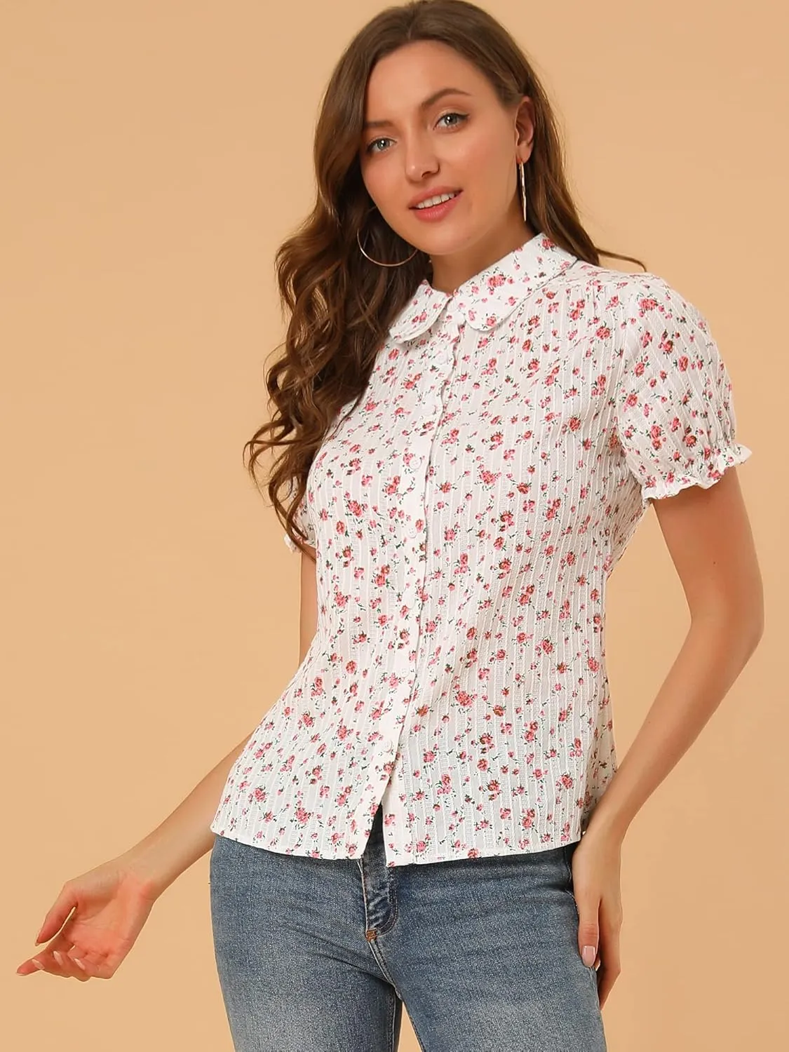 Allegra K Women's Short Sleeve Button-Up Peter Pan Collar Blouse
