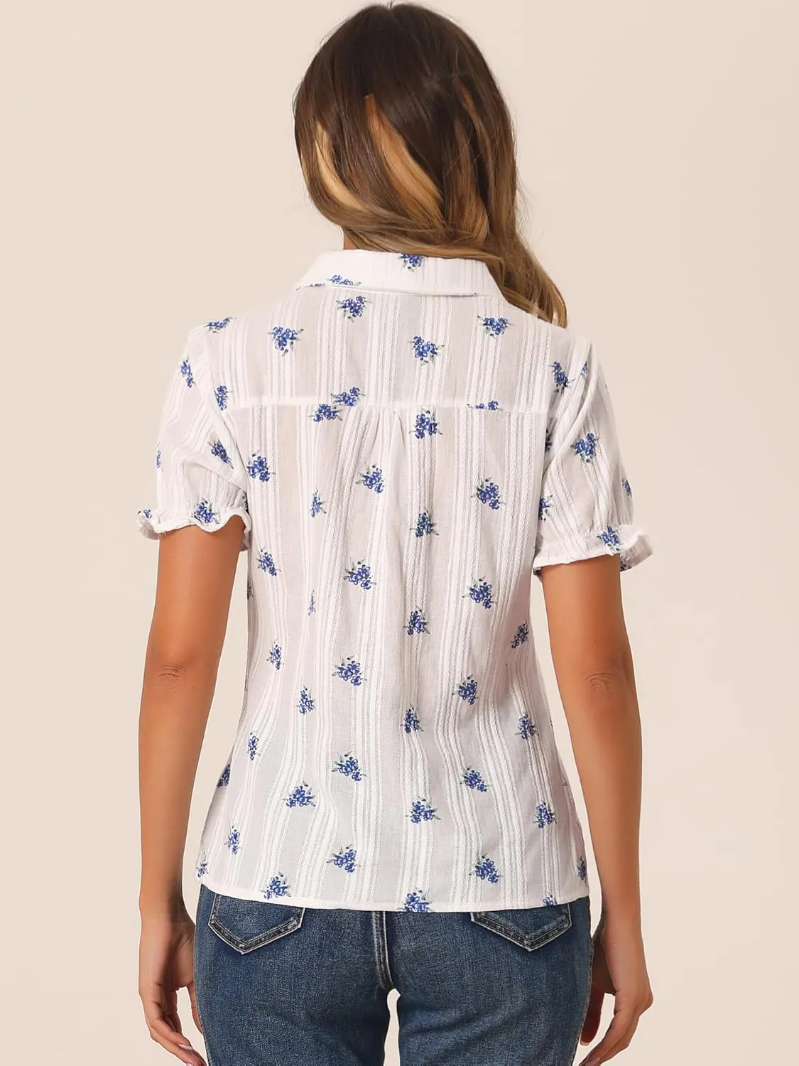 Allegra K Women's Short Sleeve Button-Up Peter Pan Collar Blouse