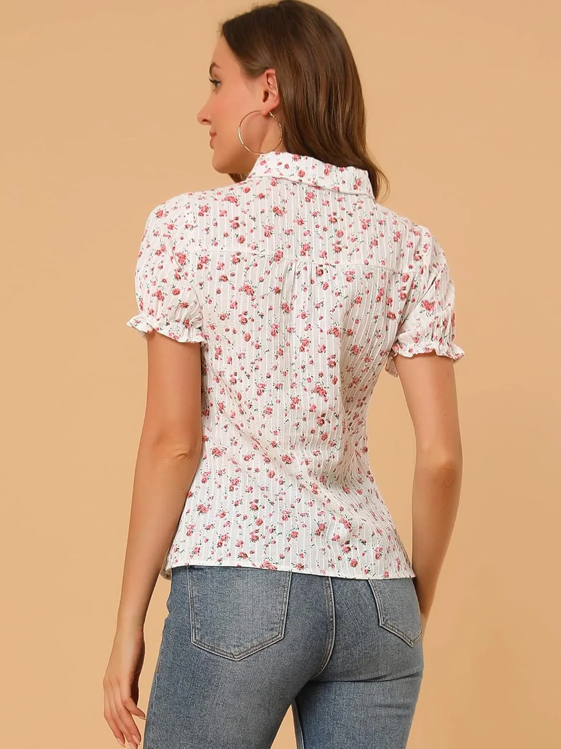 Allegra K Women's Short Sleeve Button-Up Peter Pan Collar Blouse