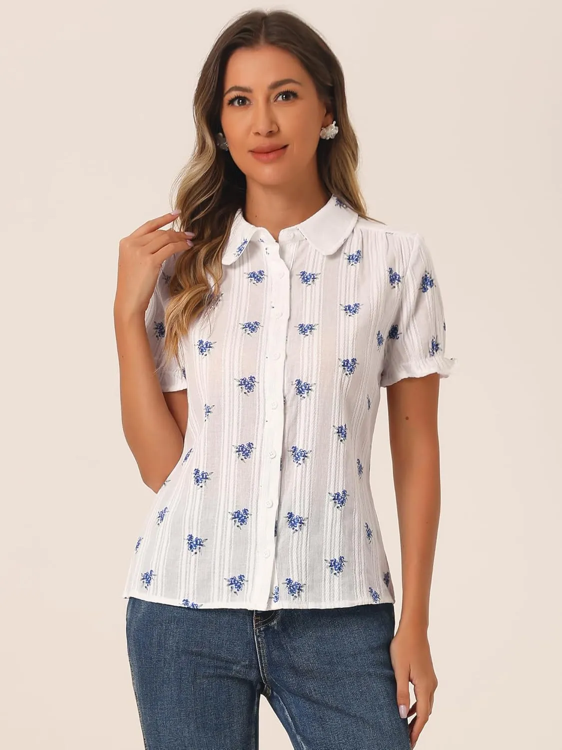 Allegra K Women's Short Sleeve Button-Up Peter Pan Collar Blouse