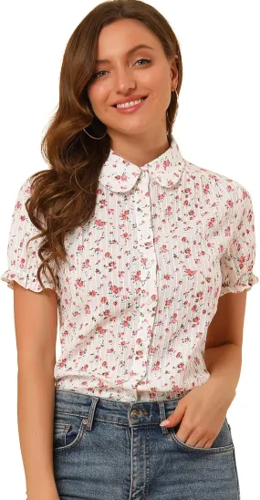 Allegra K Women's Short Sleeve Button-Up Peter Pan Collar Blouse