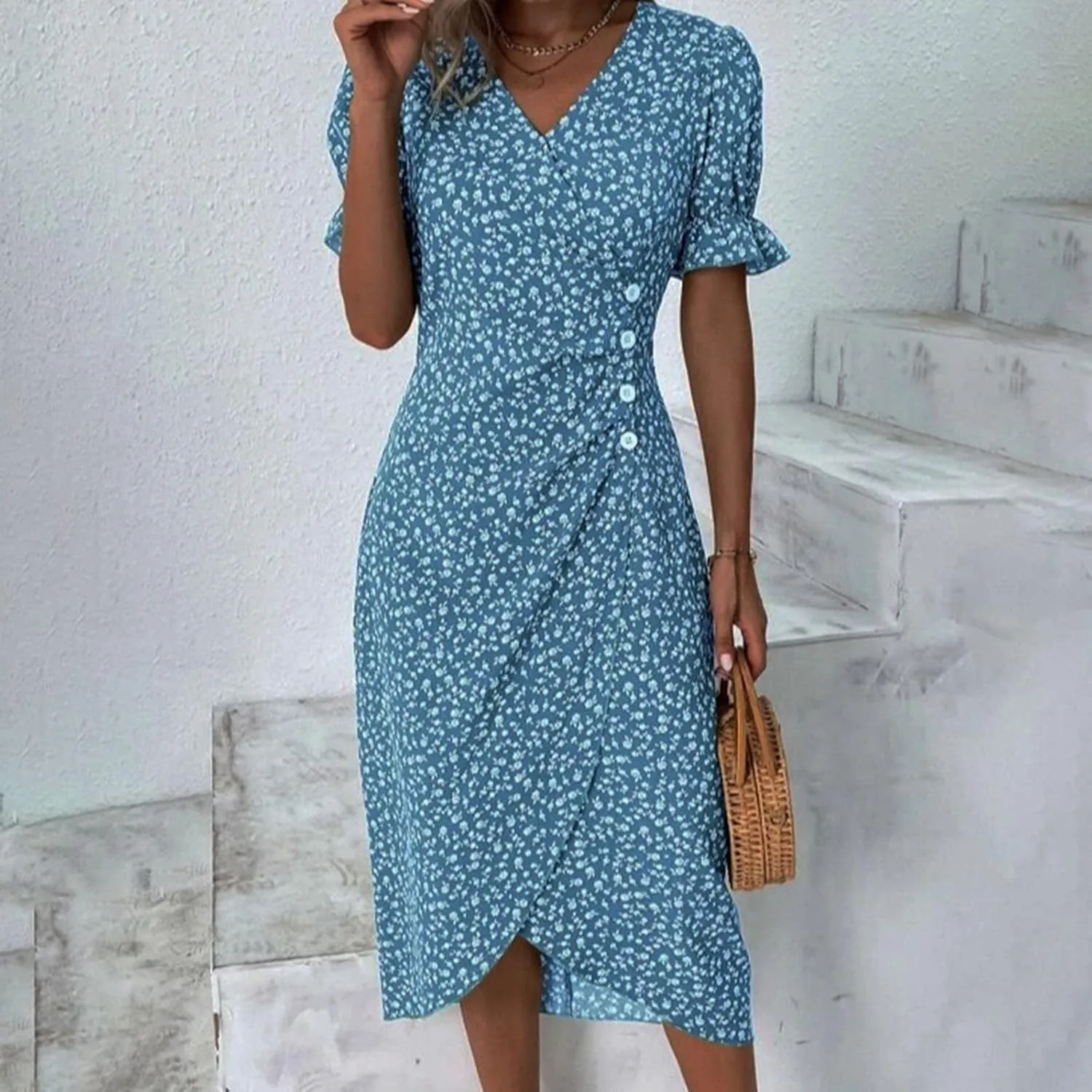 Beach Dresses for Women 2025 Spring Trendy Elegant Wrap V Neck Floral Boho Sundress High-Low Hem Flowy Midi Dress
