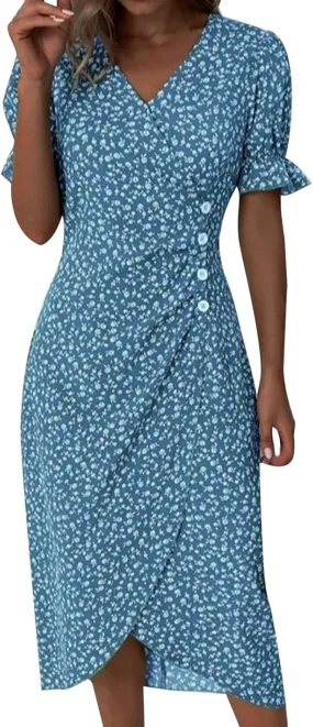 Beach Dresses for Women 2025 Spring Trendy Elegant Wrap V Neck Floral Boho Sundress High-Low Hem Flowy Midi Dress