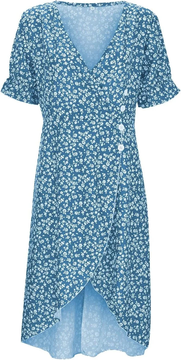 Beach Dresses for Women 2025 Spring Trendy Elegant Wrap V Neck Floral Boho Sundress High-Low Hem Flowy Midi Dress