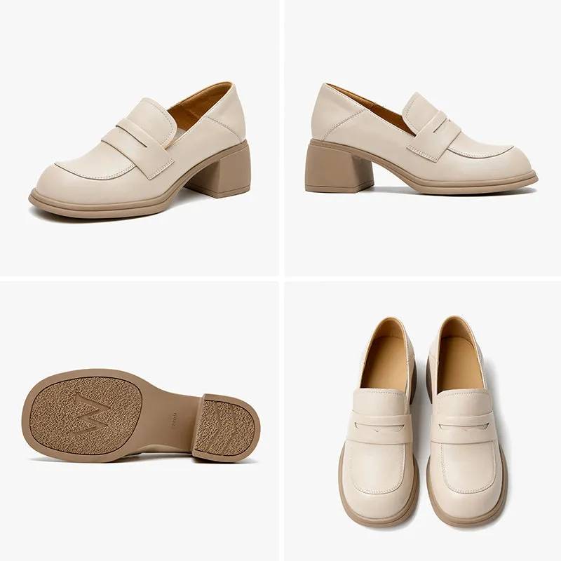 BeauToday Classic Leather Block Heeled Penny Loafers for Women