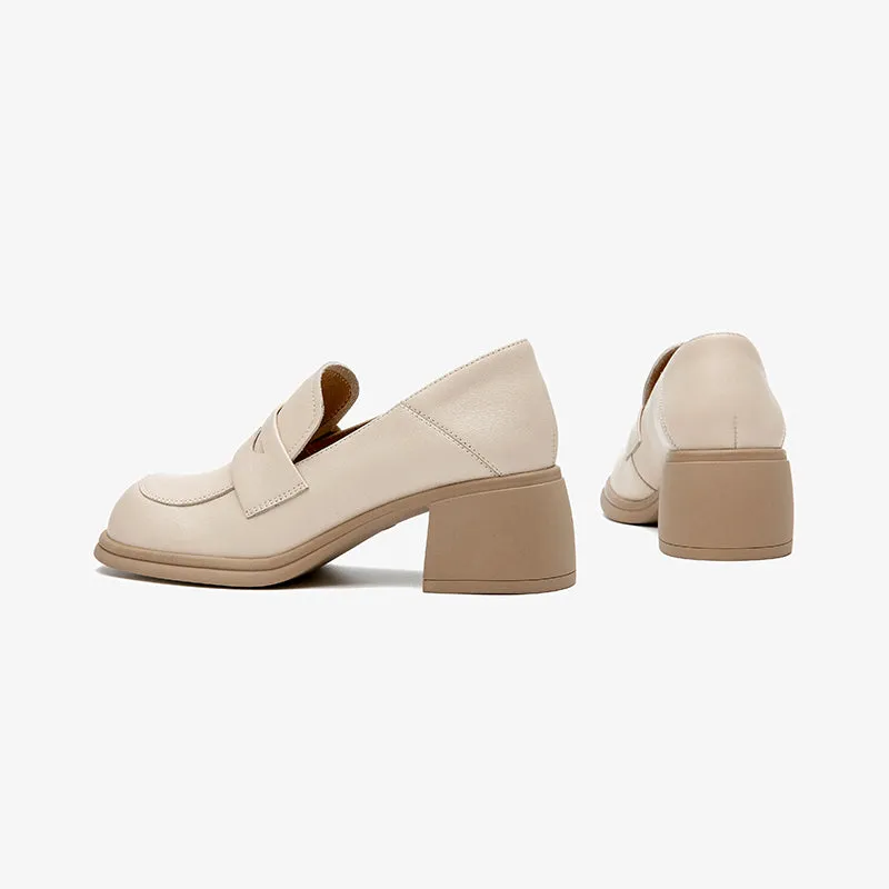 BeauToday Classic Leather Block Heeled Penny Loafers for Women