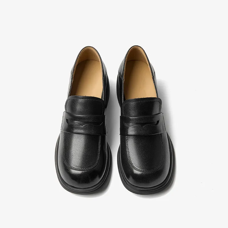 BeauToday Classic Leather Block Heeled Penny Loafers for Women