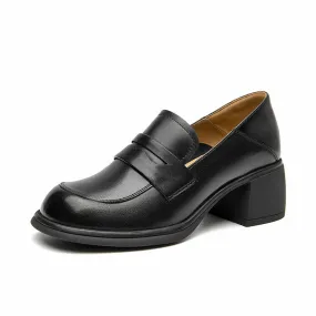 BeauToday Classic Leather Block Heeled Penny Loafers for Women