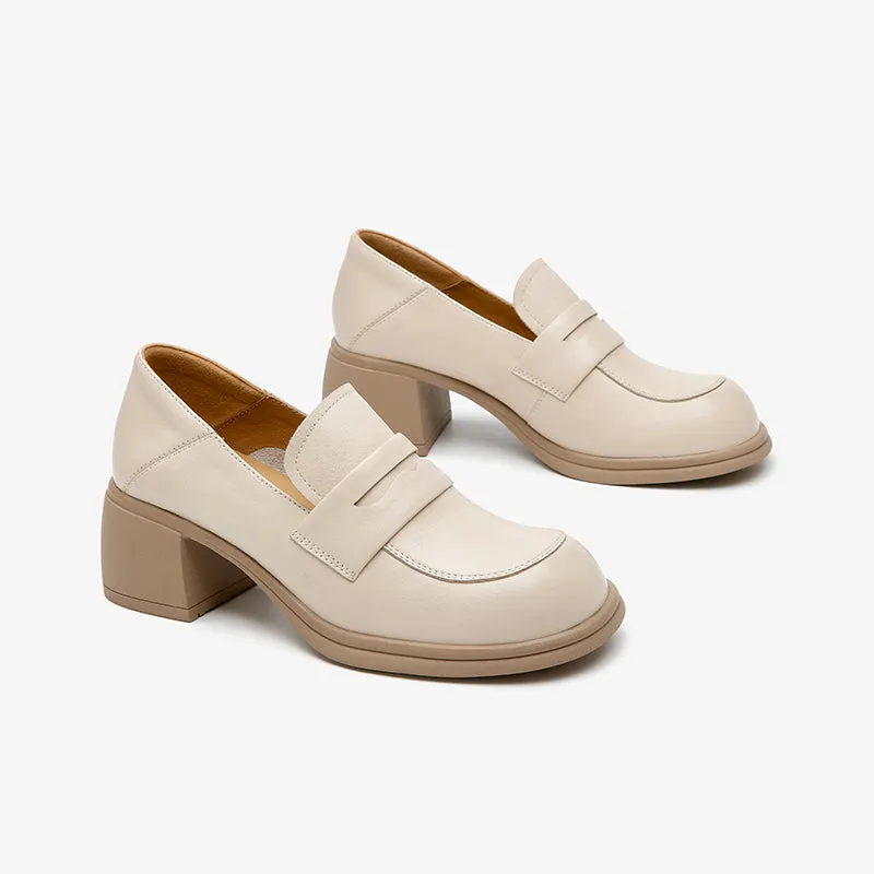 BeauToday Classic Leather Block Heeled Penny Loafers for Women