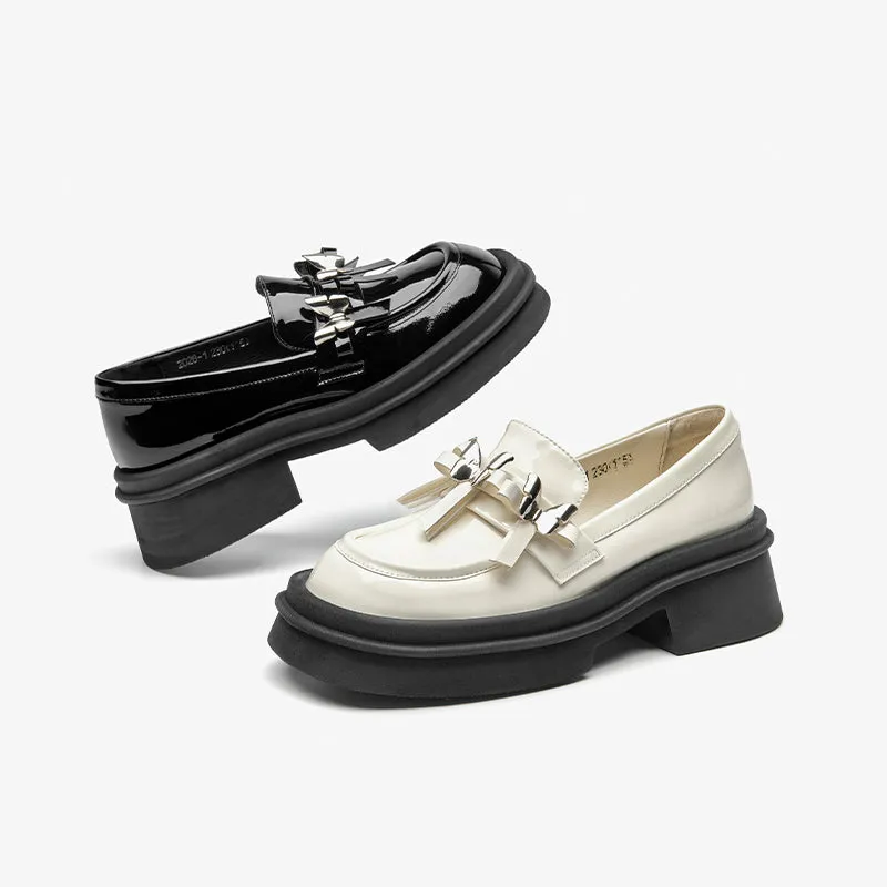 BeauToday Patent Leather Platform Loafers with Metal Butterfly-knot Decoration for Women