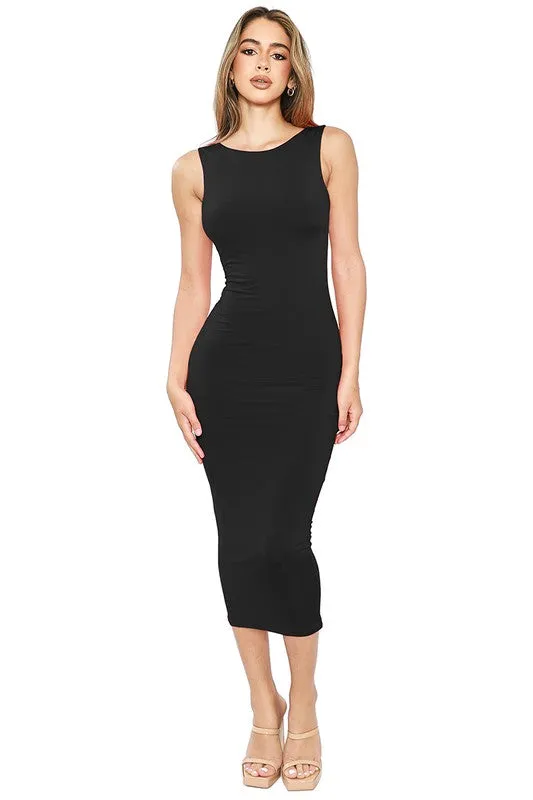 Black Open Back Sleeveless Midi Dress