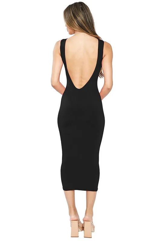 Black Open Back Sleeveless Midi Dress