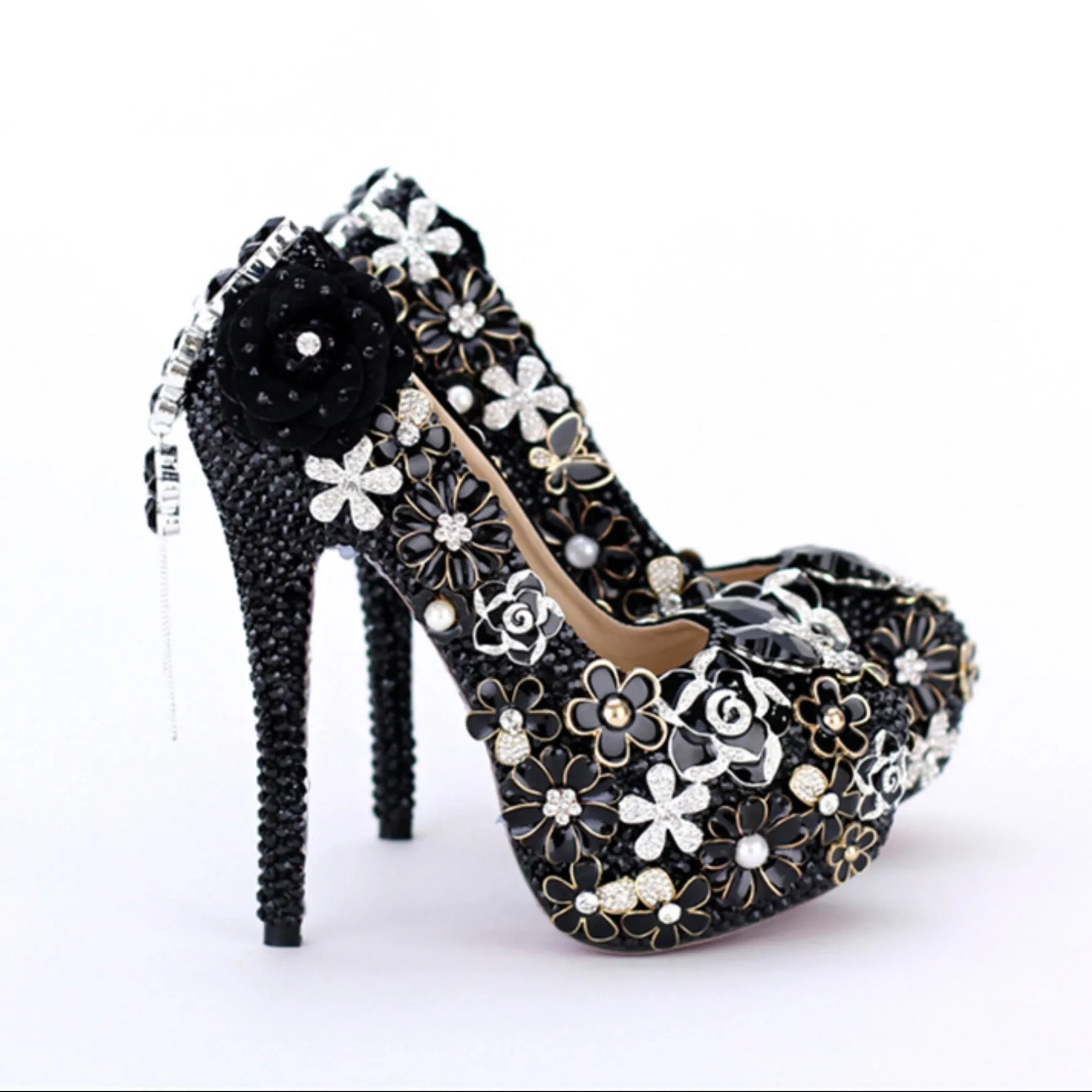 Black Pearl Diamond Super High Heel Wedding Shoes