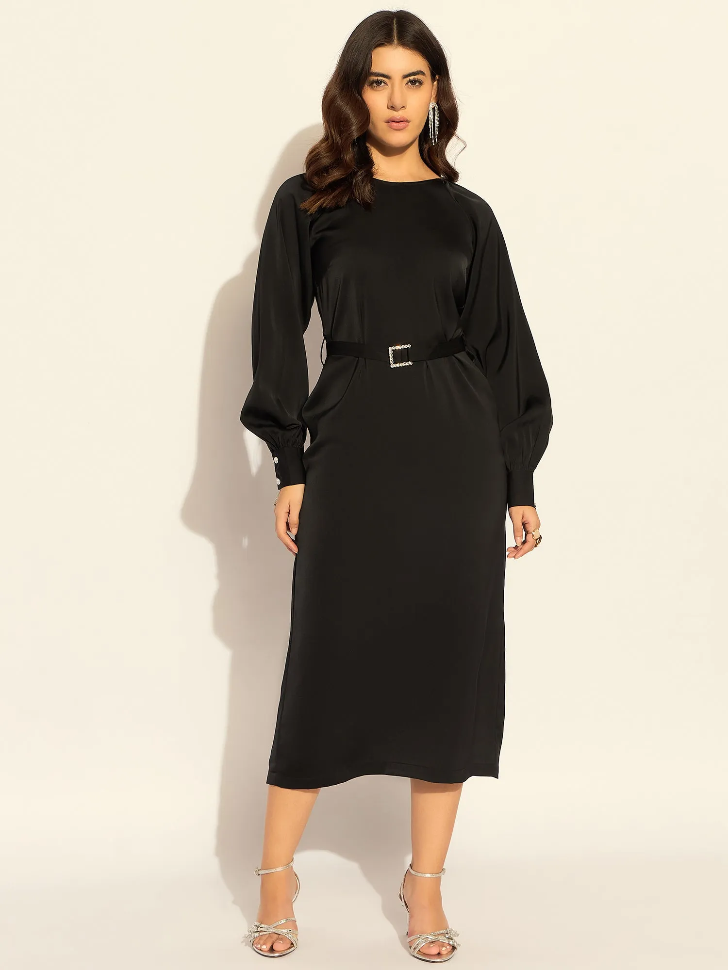 Black Polyester Chic Semi-Fitted Midi Dress