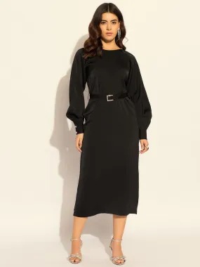 Black Polyester Chic Semi-Fitted Midi Dress