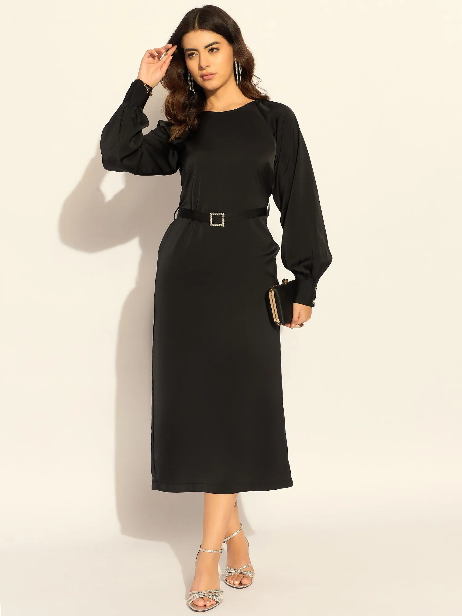 Black Polyester Chic Semi-Fitted Midi Dress