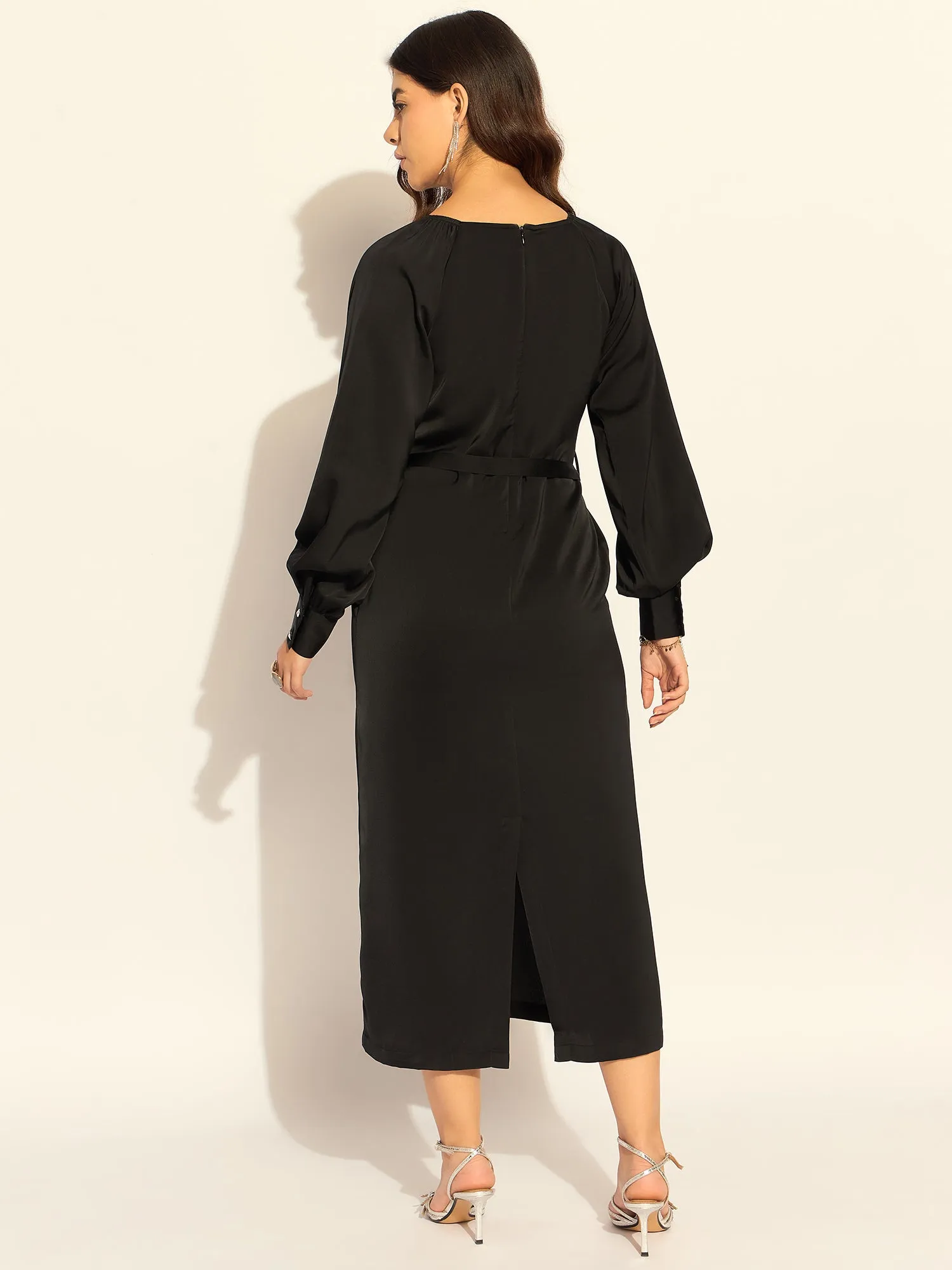 Black Polyester Chic Semi-Fitted Midi Dress