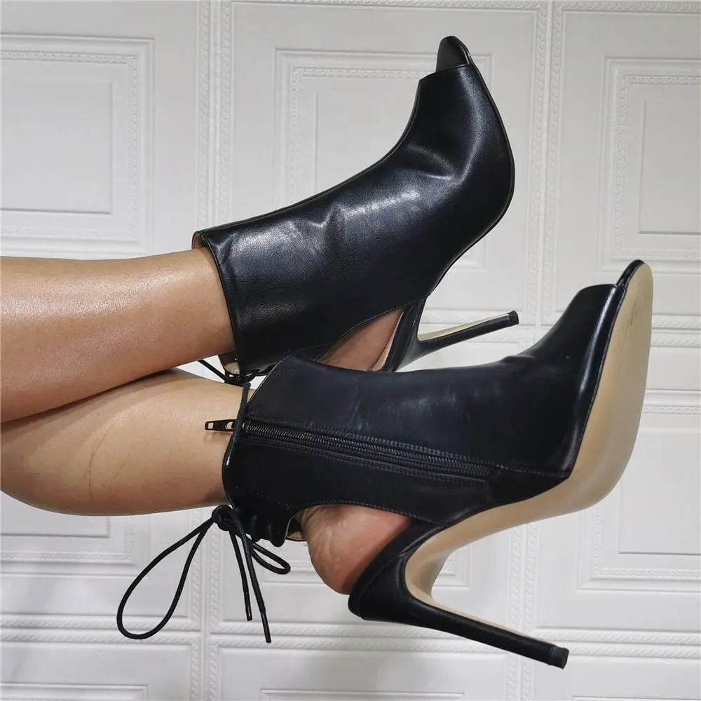 Black PU Peep Toe Zipper Strap High Heel Ankle Sandals