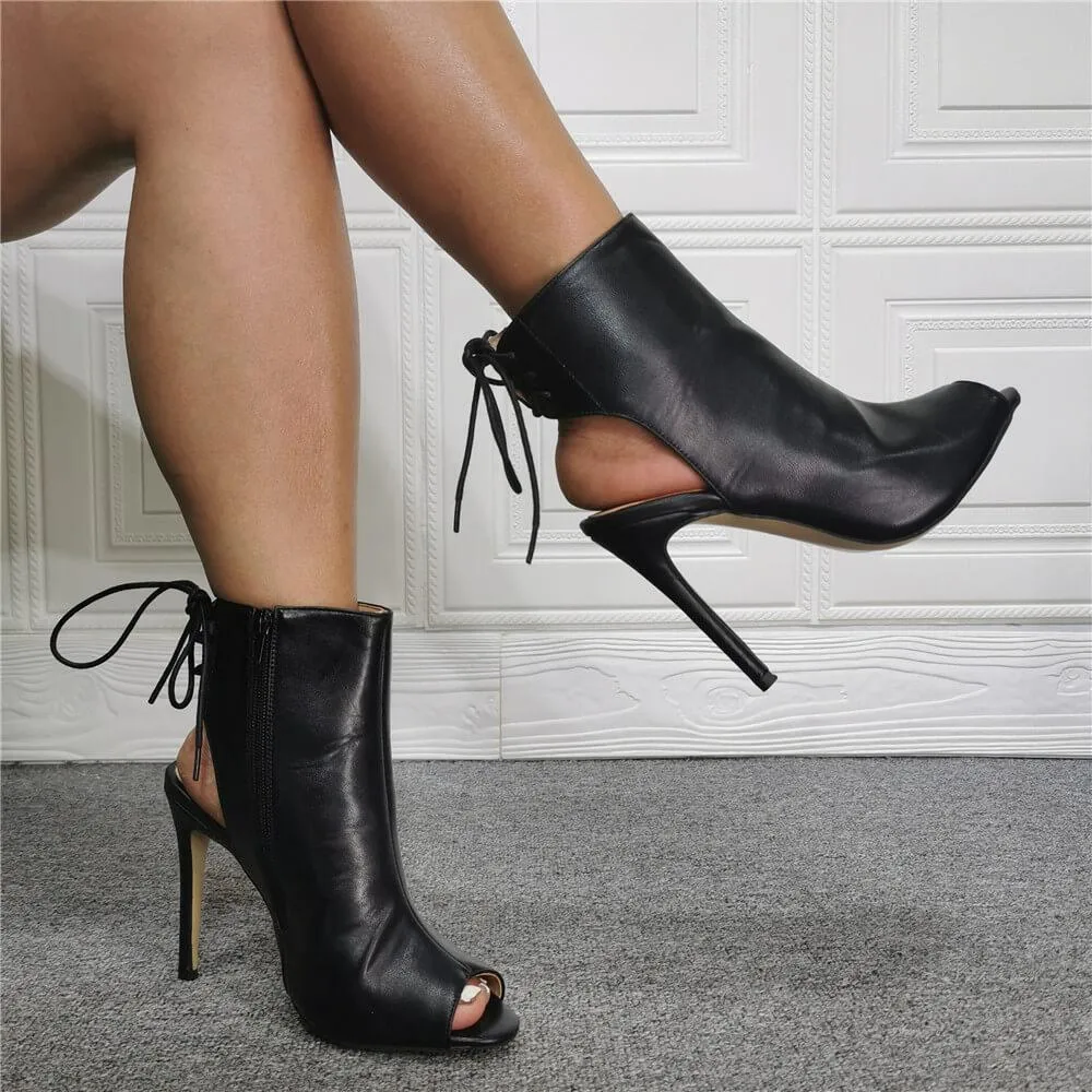Black PU Peep Toe Zipper Strap High Heel Ankle Sandals