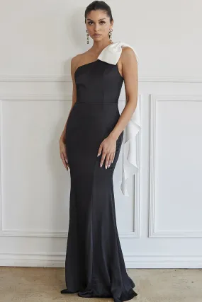 Black/White One Shoulder Bow Detail Satin Maxi Dress