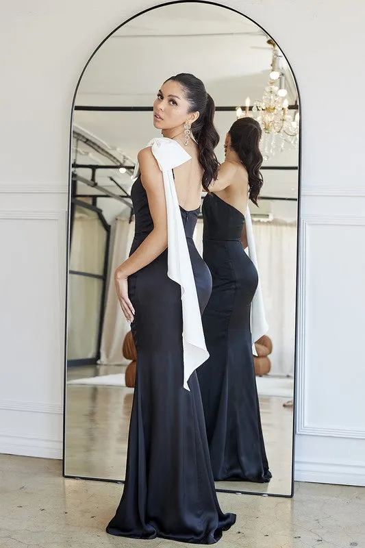 Black/White One Shoulder Bow Detail Satin Maxi Dress