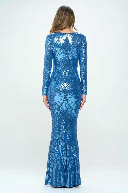 Blue Long Long Sleeve Sequined Evening Dress