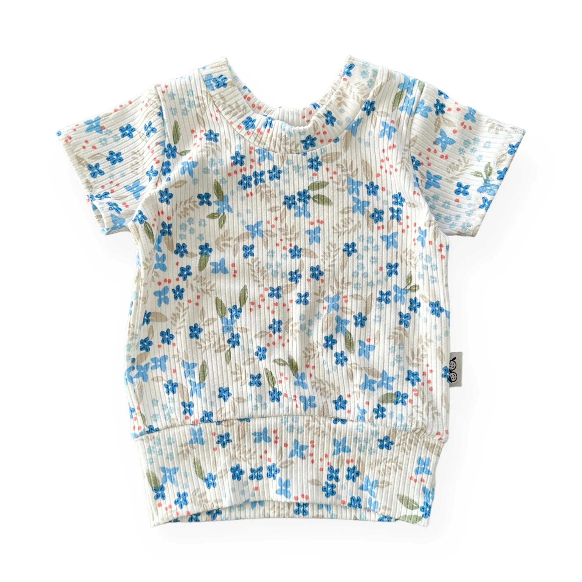 Blue Tone Dainty Flowers on White Ribbed Biker Shorts Lounge Set
