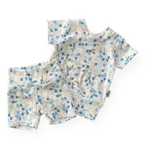 Blue Tone Dainty Flowers on White Ribbed Biker Shorts Lounge Set