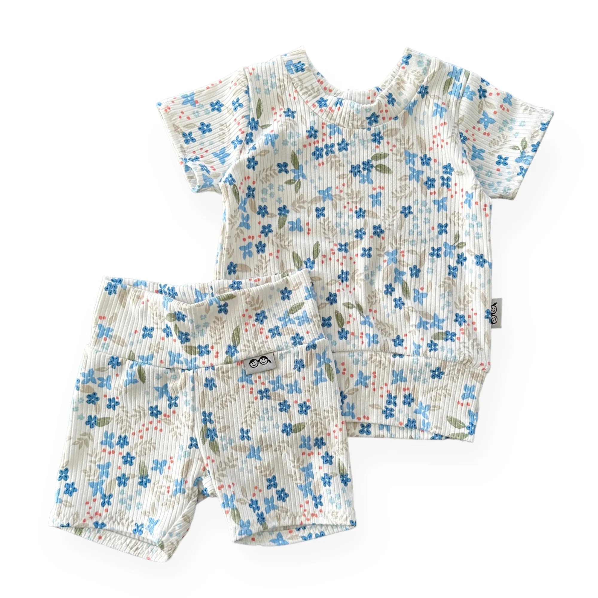 Blue Tone Dainty Flowers on White Ribbed Biker Shorts Lounge Set
