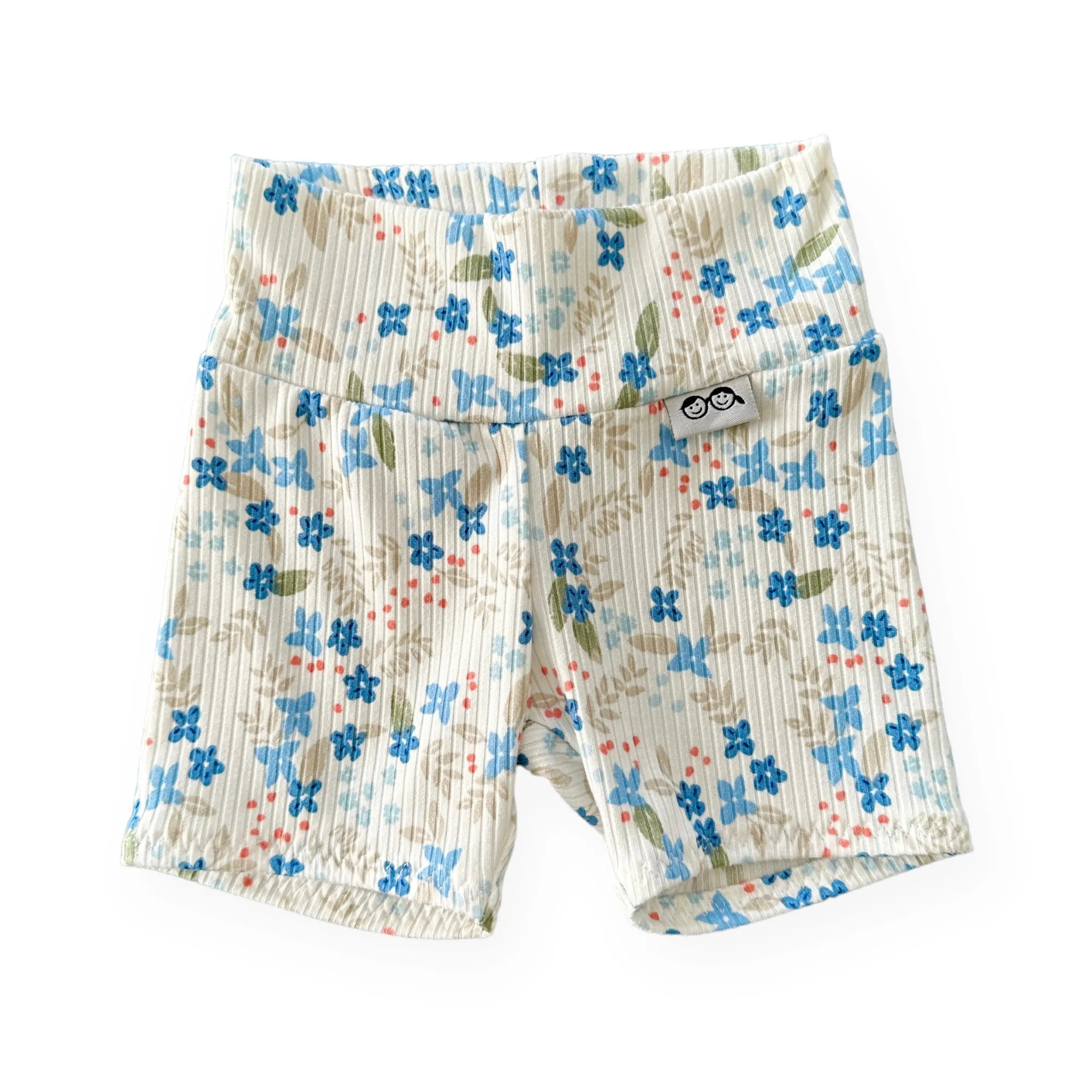 Blue Tone Dainty Flowers on White Ribbed Biker Shorts
