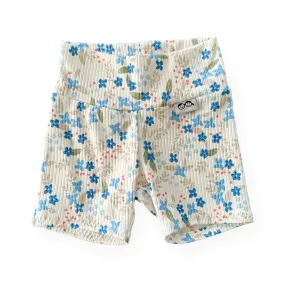 Blue Tone Dainty Flowers on White Ribbed Biker Shorts