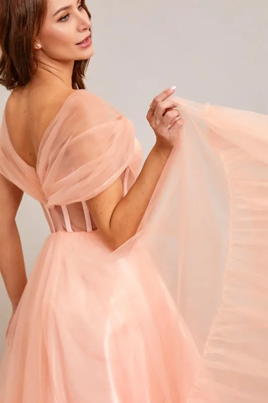 Blush Off Shoulder Bustier Illusion Sweetheart Top Midi Dress