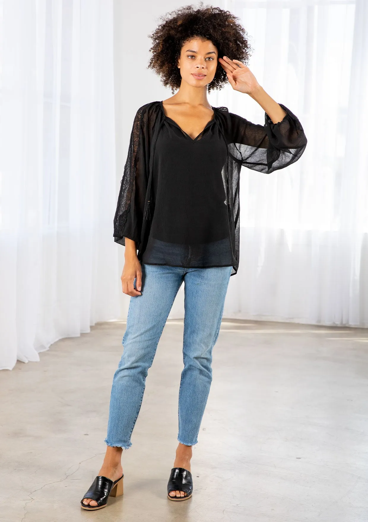 Bohemian Lace Long Sleeve Blouson Sleeve Top