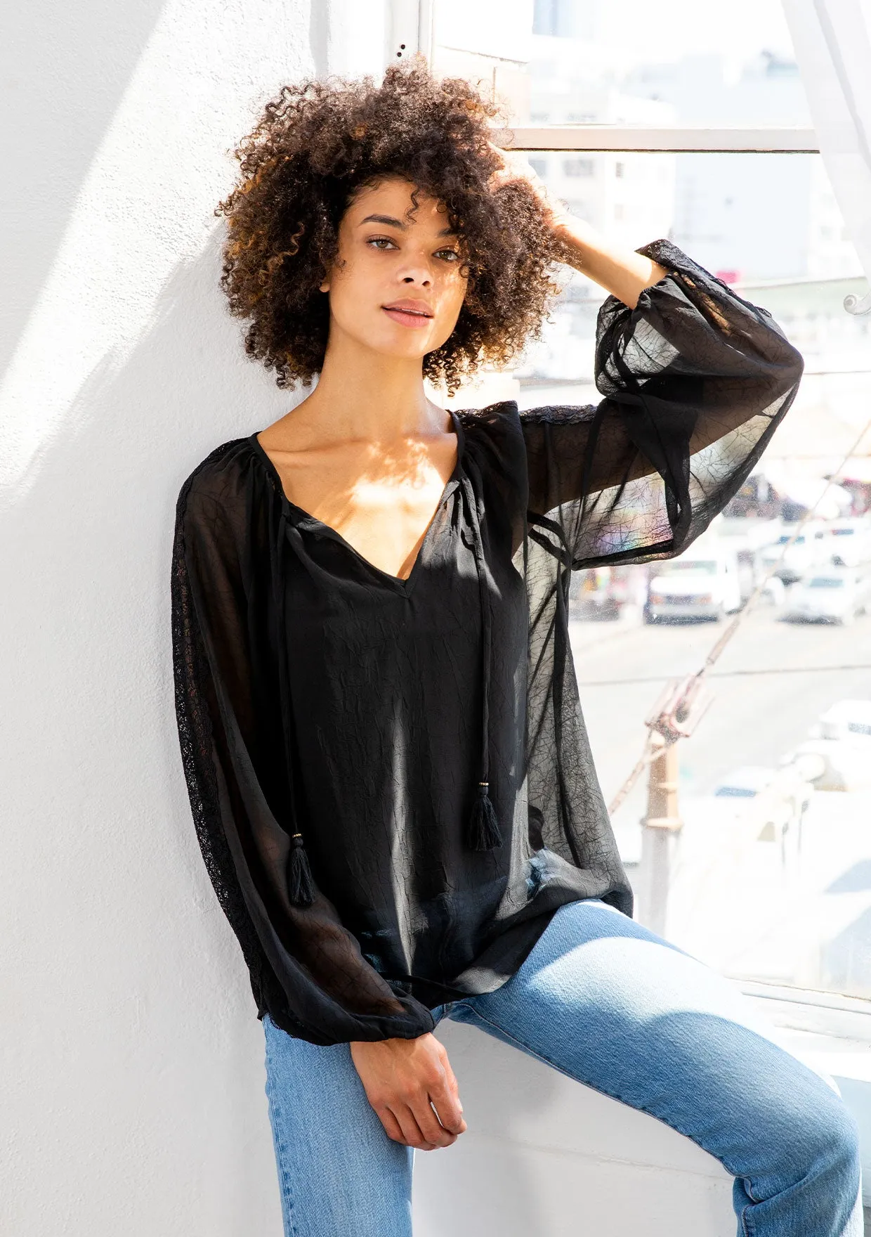 Bohemian Lace Long Sleeve Blouson Sleeve Top
