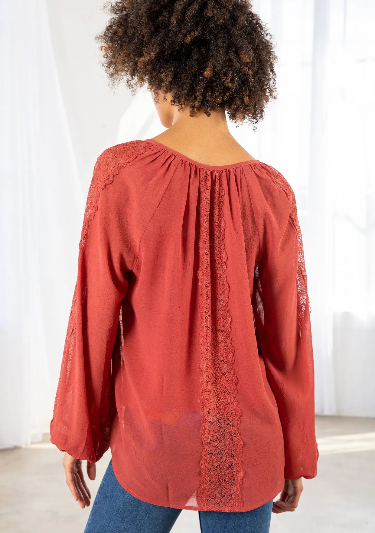 Bohemian Lace Long Sleeve Blouson Sleeve Top