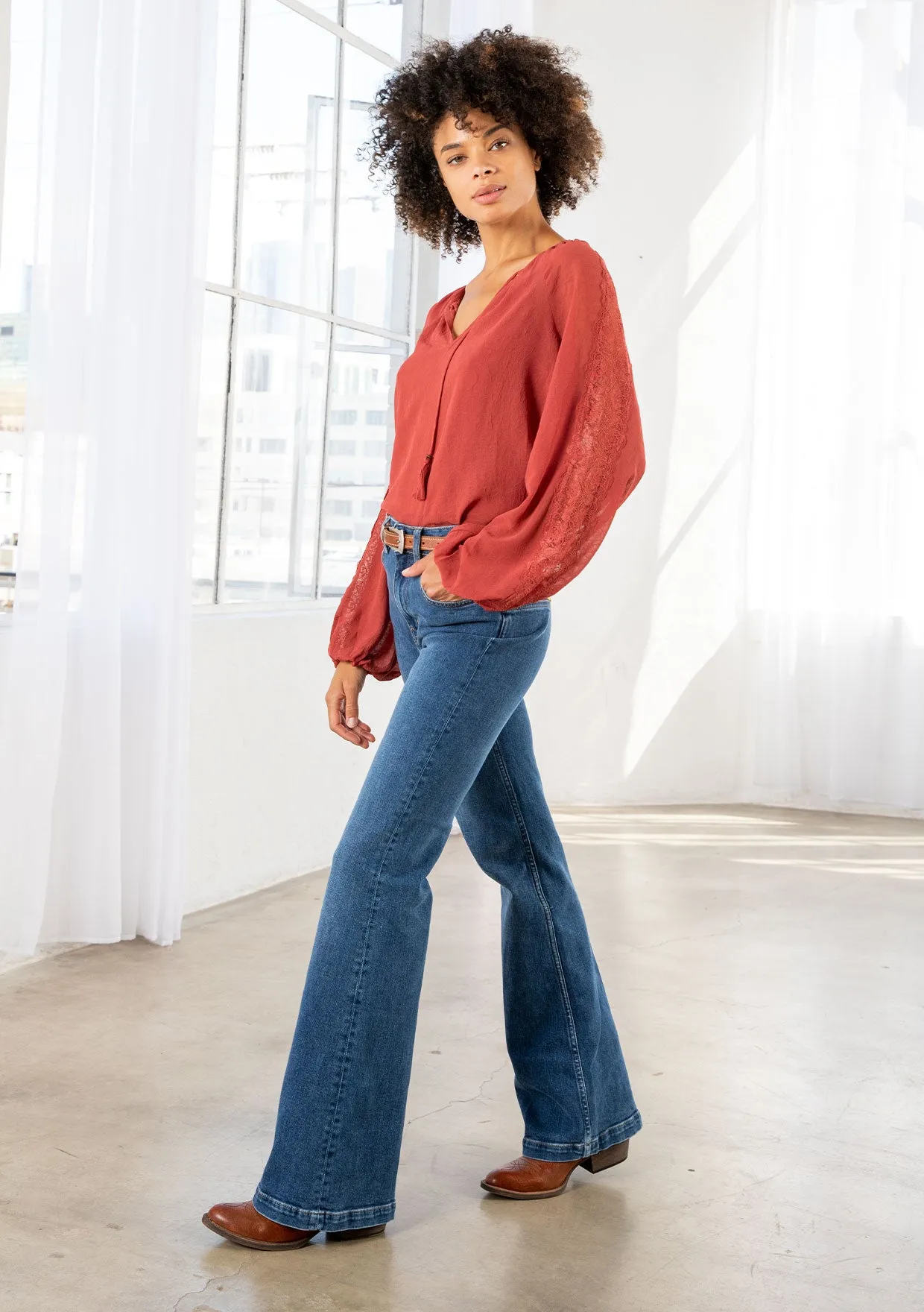 Bohemian Lace Long Sleeve Blouson Sleeve Top