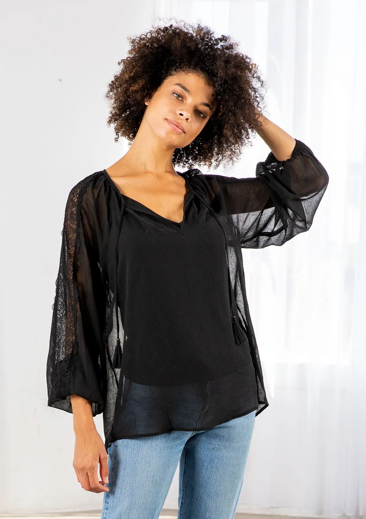 Bohemian Lace Long Sleeve Blouson Sleeve Top
