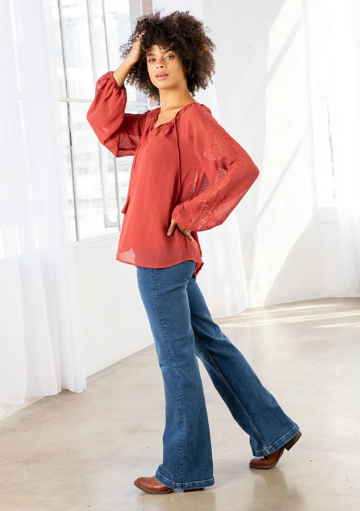 Bohemian Lace Long Sleeve Blouson Sleeve Top