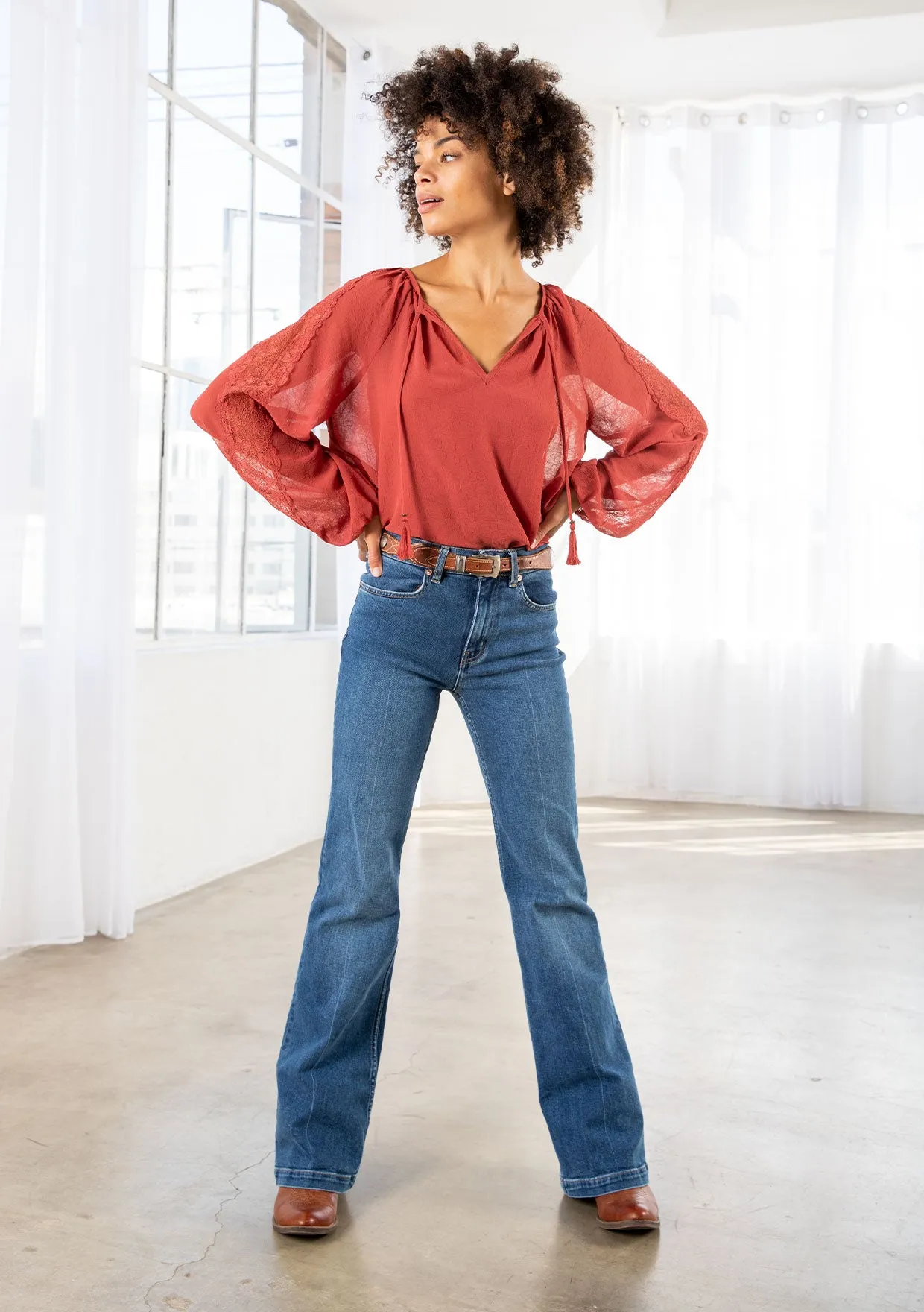Bohemian Lace Long Sleeve Blouson Sleeve Top