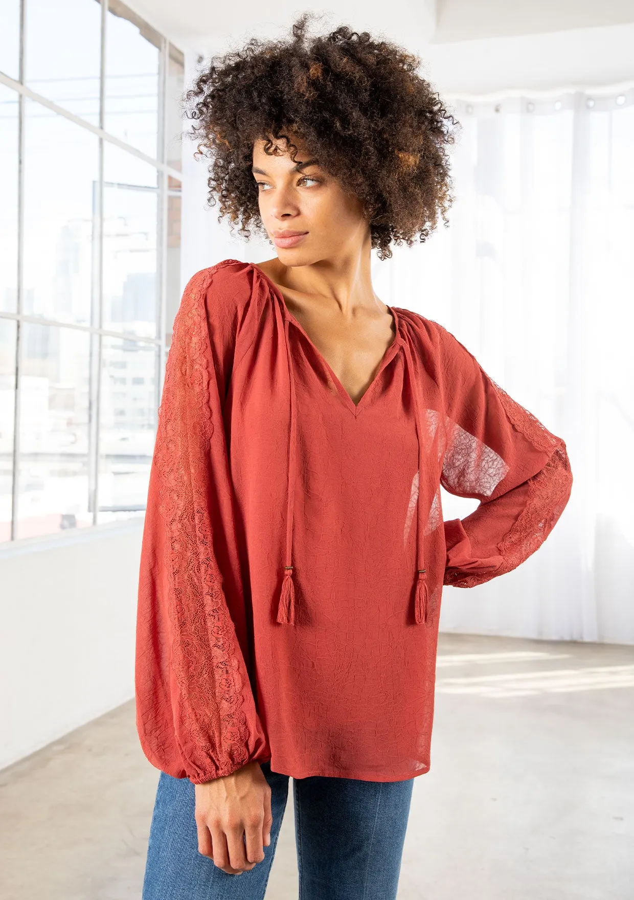 Bohemian Lace Long Sleeve Blouson Sleeve Top